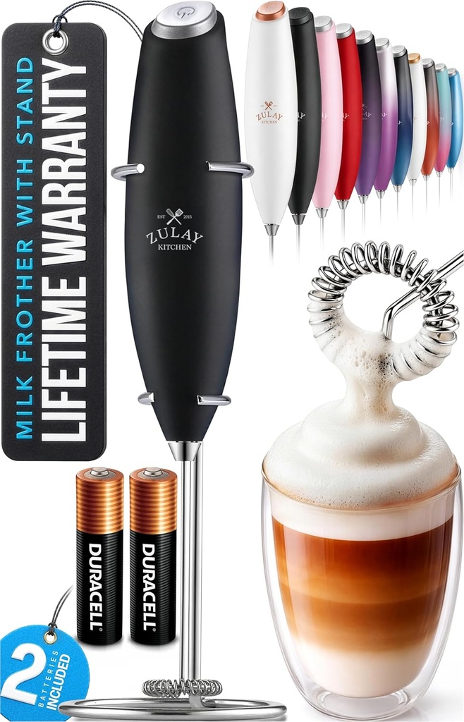 Zulay Kitchen Powerful Milk Frother Wand With Duracell Batteries - Ultra Fast Handheld Drink Mixer - Electric Whisk Foam Maker for Coffee, Lattes, Cappuccino & Matcha - Z1 Motor - Black (One Size)