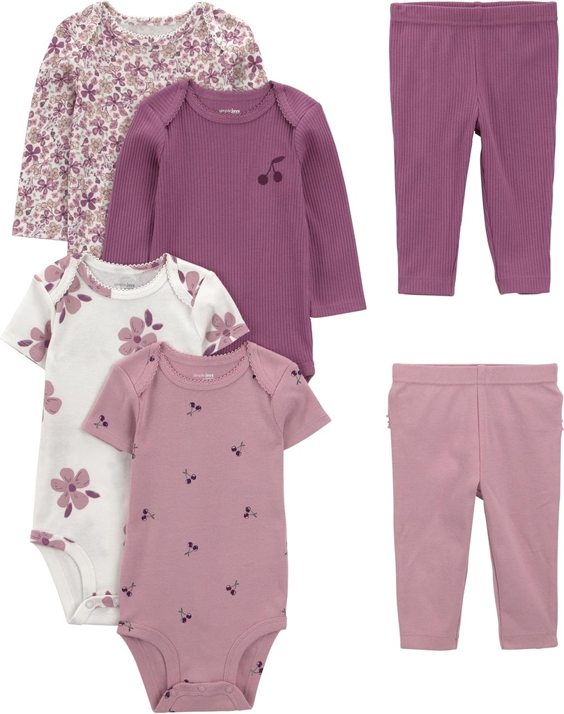 baby-girls 6-piece Bodysuits (Short and Long Sleeve) and Pants Set (One Size)