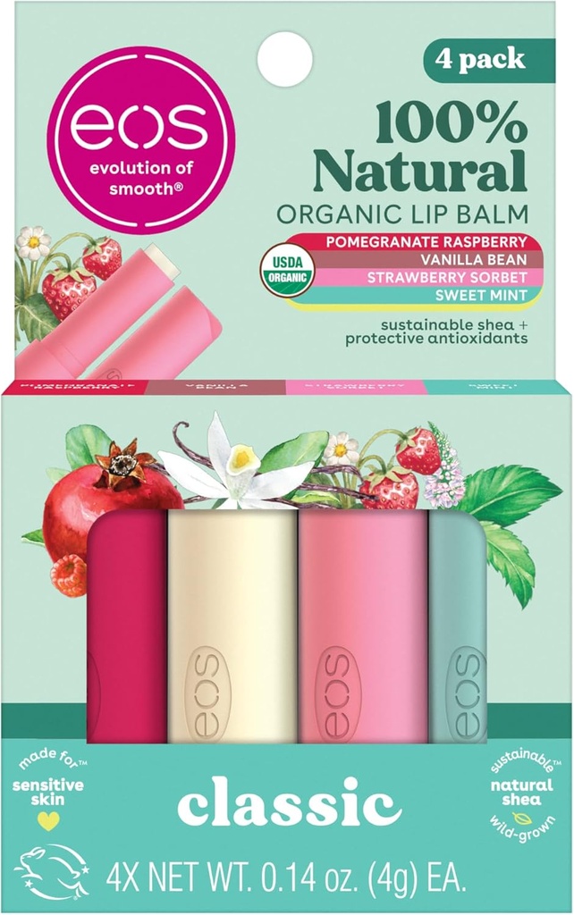 eos 100% Natural & Organic Lip Balm Sticks- Strawberry Sorbet, Vanilla Bean, Sweet Mint & Pomegranate Raspberry, Lip Care Products, 0.14 oz, 4-Pack (One Size)