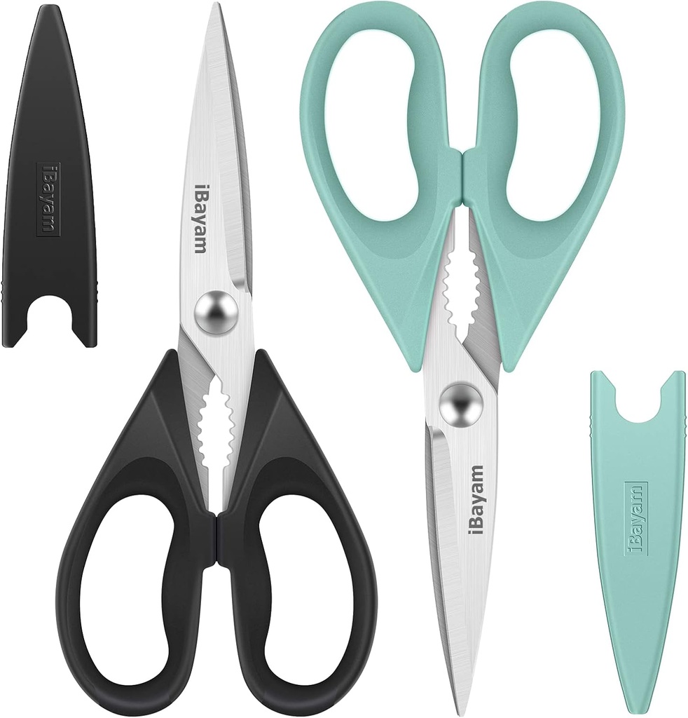 iBayam 2 Pack All Purpose Kitchen Shears Heavy Duty - Stainless Steel Kitchen Scissors With Protective Sheath, Soft Comfort-Grip Handle, Food & Meat Scissors, Home, Kitchen, Dining Utility Gadgets (One Size)