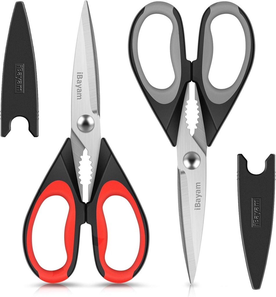iBayam Kitchen Scissors All Purpose Heavy Duty 2 Pack with Protective Sheath, Stainless Steel Shears Kitchen Utensils Set for Cutting Food Cooking Meat Poultry Dishwasher Safe Soft Comfort-Grip (One Size)