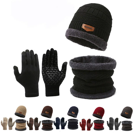 Winter 1-3 PCS Beanie Hat Gloves Scarf For Men And Women, Knit Fleece Lined Warm Touchscreen Gloves Beanie Infitiny Scarf Set