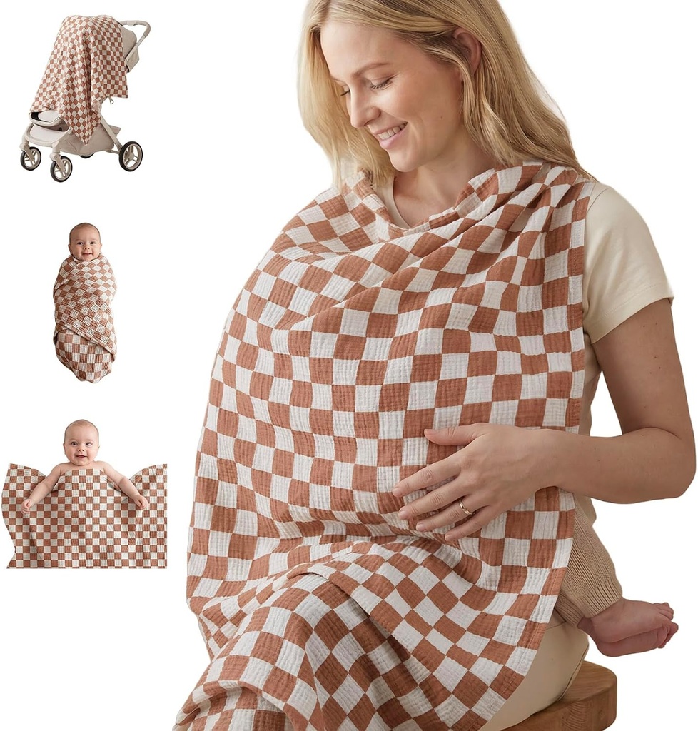 Blissful Diary Muslin Multi-Use Cloth - 4-in-1 Privacy Nursing Cover, Swaddle Blanket, Car Seat Cover, Burp Cloth, Portable Breastfeeding Essentials for Women, Baby Must Have (Brown Checkboard)